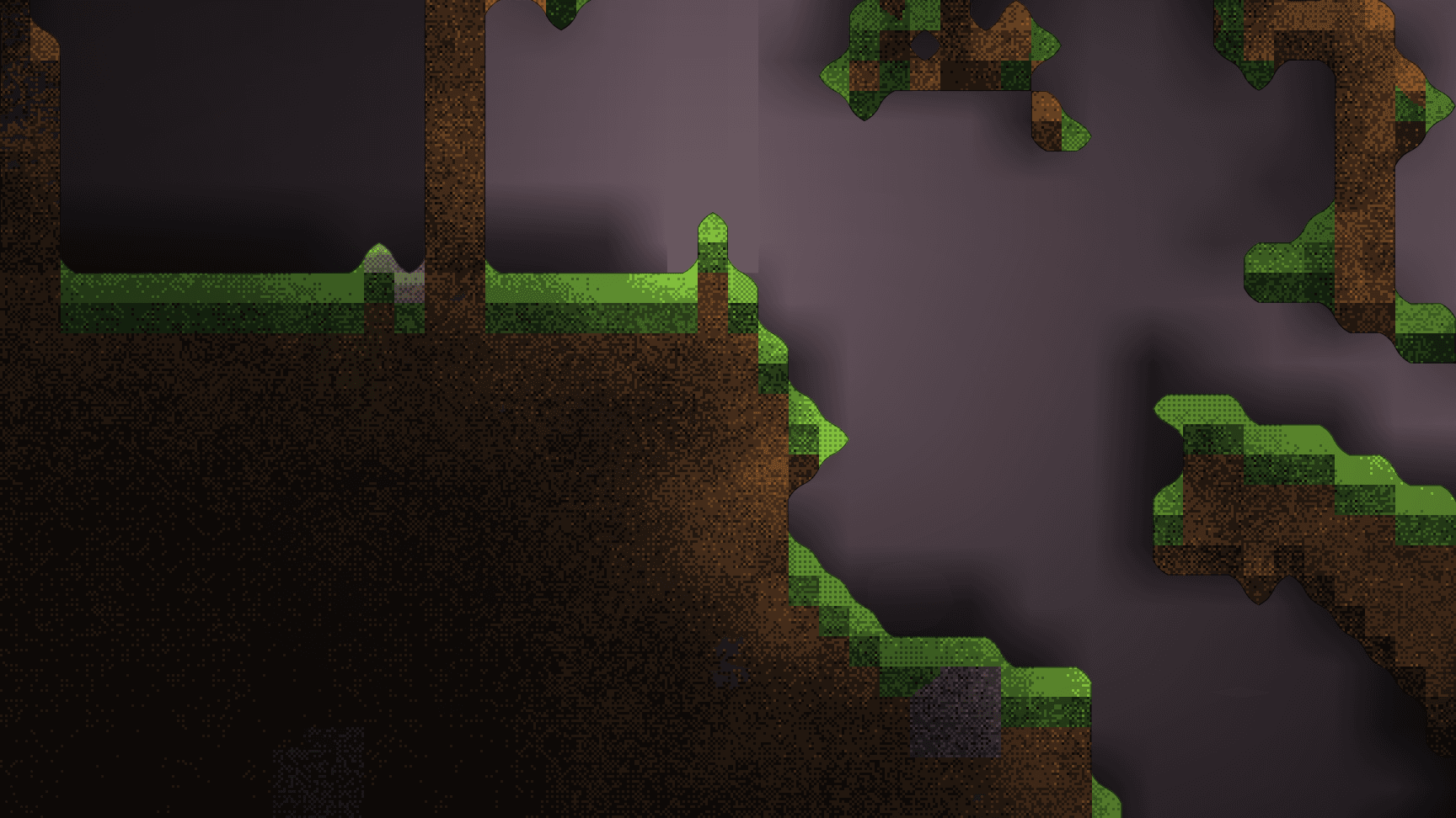 Pixel terrain cross-section with grass, dirt and open caverns