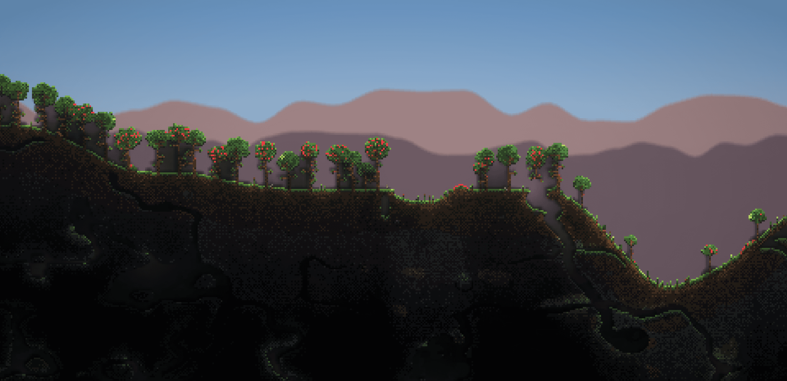 A pixel-art valley of trees at dusk, mountains fading into the haze